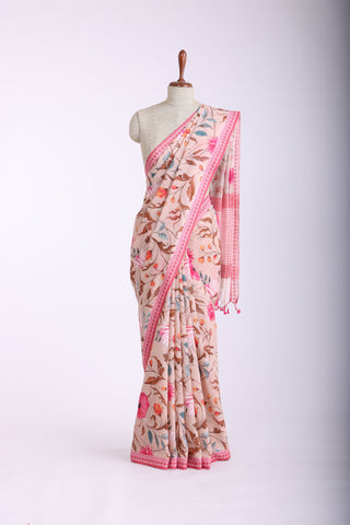 Alikam Khadi-Cotton saree in peach and handprint with floral jaal pattern.