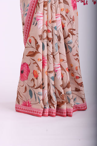 Alikam Khadi-Cotton saree in peach and handprint with floral jaal pattern.