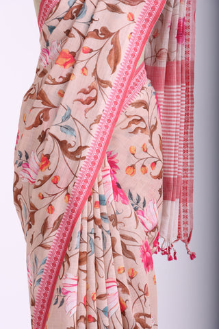 Alikam Khadi-Cotton saree in peach and handprint with floral jaal pattern.