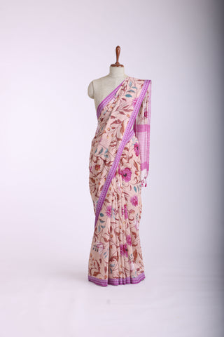 Alikam Khadi-Cotton saree in peach and handprint with floral jaal pattern.