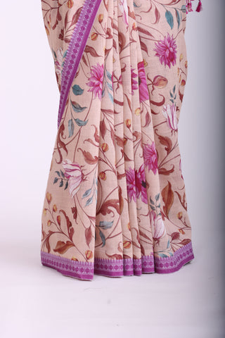 Alikam Khadi-Cotton saree in peach and handprint with floral jaal pattern.