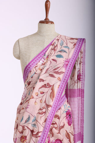 Alikam Khadi-Cotton saree in peach and handprint with floral jaal pattern.