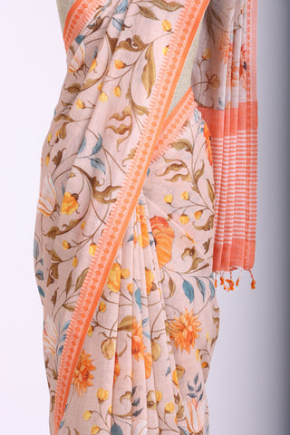 Alikam Khadi-Cotton saree in peach and handprint with floral jaal pattern.