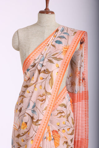 Alikam Khadi-Cotton saree in peach and handprint with floral jaal pattern.