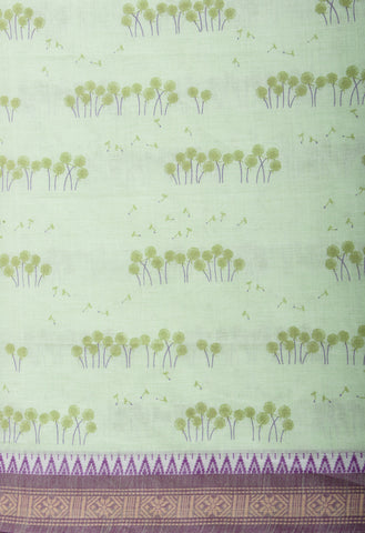 Alikam Khadi-Cotton saree in Lime Green and Grass leaf hand print.