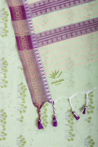 Alikam Khadi-Cotton saree in Lime Green and Grass leaf hand print.