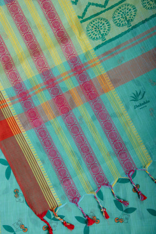 Chettinadu Cotton Saree in Lime Green and unique Block print motif.