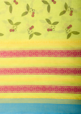 Chettinadu Cotton Saree in Lime Green and unique Block print motif.