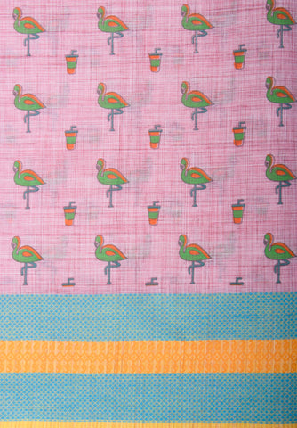 Blush pink ikkat cotton saree with flamingo motifs hand printed.