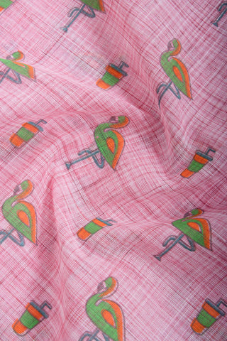 Blush pink ikkat cotton saree with flamingo motifs hand printed.