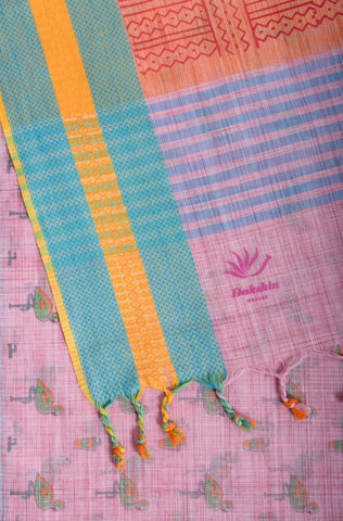 Blush pink ikkat cotton saree with flamingo motifs hand printed.