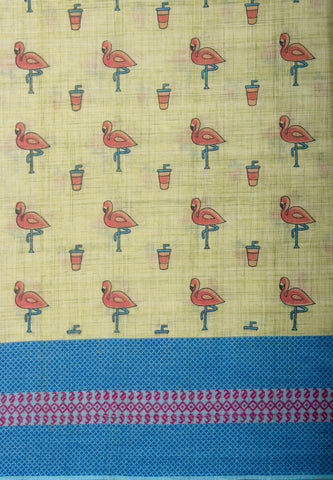 Blush pink ikkat cotton saree with flamingo motifs hand printed.