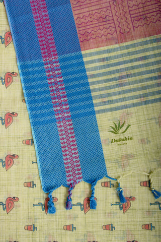 Blush pink ikkat cotton saree with flamingo motifs hand printed.