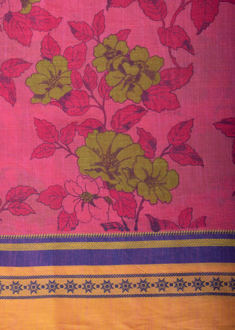 Kanchi Cotton saree in bright pink color with floral print.