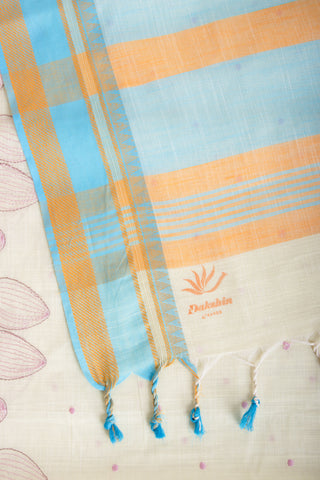 Alikam Khadi cotton saree in baby blue with lotus buds design hand embroidered.