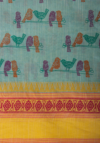 Alikam Khadi-Cotton saree in Mint Green and Block Print of Birds