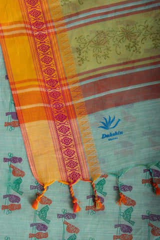 Alikam Khadi-Cotton saree in Mint Green and Block Print of Birds