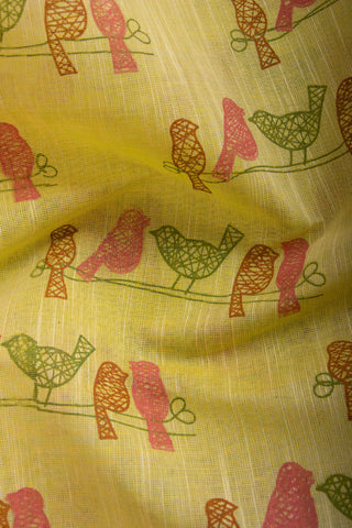 Alikam Khadi-Cotton saree in Mint Green and Block Print of Birds