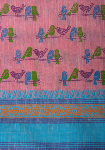 Alikam Khadi-Cotton saree in Mint Green and Block Print of Birds