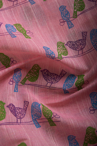 Alikam Khadi-Cotton saree in Mint Green and Block Print of Birds