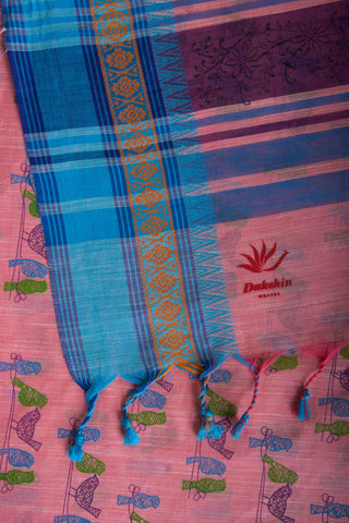 Alikam Khadi-Cotton saree in Mint Green and Block Print of Birds