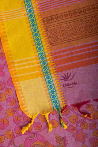 Gadwal Cotton saree in Blonde Green with kalamkari floral print.