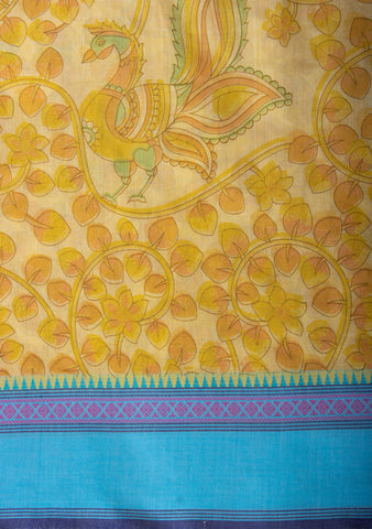 Gadwal Cotton saree in Blonde Green with kalamkari floral print.