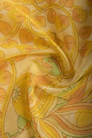 Gadwal Cotton saree in Blonde Green with kalamkari floral print.