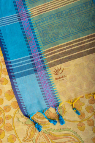 Gadwal Cotton saree in Blonde Green with kalamkari floral print.