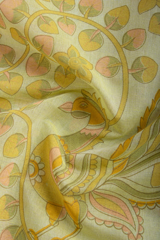 Gadwal Cotton saree in Blonde Green with kalamkari floral print.