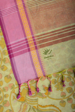 Gadwal Cotton saree in Blonde Green with kalamkari floral print.