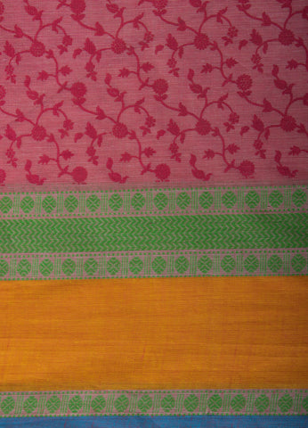 Chettinadu cotton saree in French pink with floral jaal handprint.