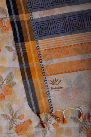 Alikam Khadi-Cotton saree in Yellow beige and Floral print