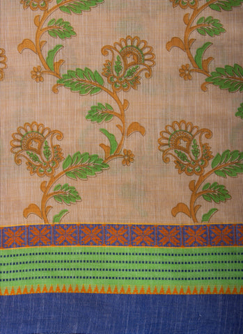 Alikam Khadi-Cotton saree in Sand Beige color and Floral Print.