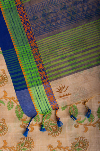 Alikam Khadi-Cotton saree in Sand Beige color and Floral Print.