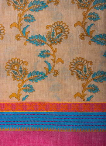 Alikam Khadi-Cotton saree in Sand Beige color and Floral Print.