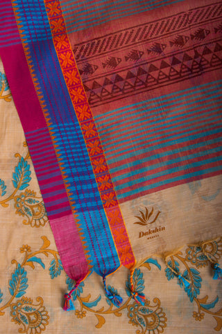 Alikam Khadi-Cotton saree in Sand Beige color and Floral Print.