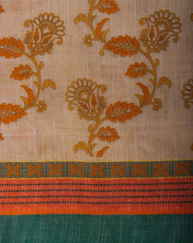 Alikam Khadi-Cotton saree in Sand Beige color and Floral Print.