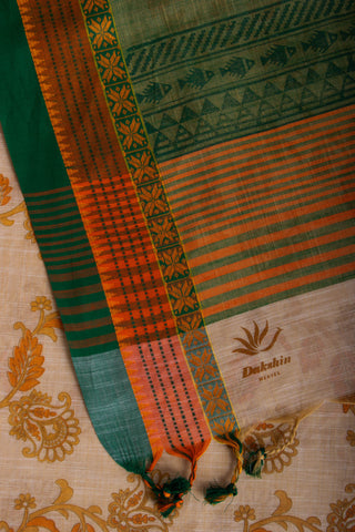 Alikam Khadi-Cotton saree in Sand Beige color and Floral Print.