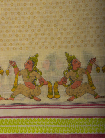 Alikam Khadi-Cotton saree in Buff Yellow and handprint with Thanjavur Figures.