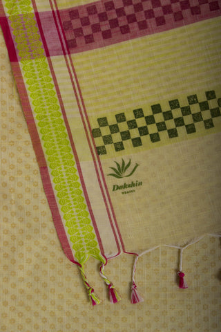 Alikam Khadi-Cotton saree in Buff Yellow and handprint with Thanjavur Figures.