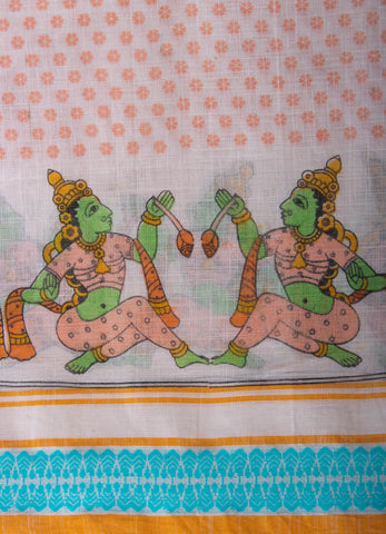 Alikam Khadi-Cotton saree in Buff Yellow and handprint with Thanjavur Figures.