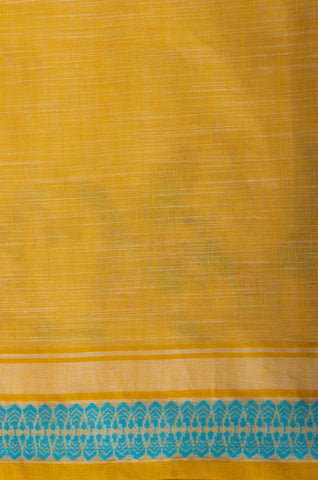 Alikam Khadi-Cotton saree in Buff Yellow and handprint with Thanjavur Figures.