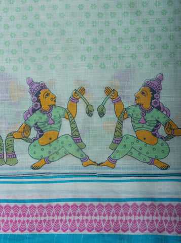 Alikam Khadi-Cotton saree in Buff Yellow and handprint with Thanjavur Figures.