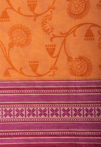 Chettinadu cotton saree in Pumpkin Orange with floral print in the body