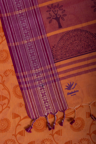 Chettinadu cotton saree in Pumpkin Orange with floral print in the body