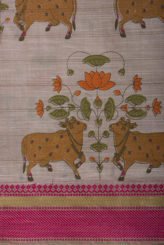 Ikkath Cotton saree in buff Beige with Pichwai floral print