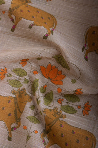 Ikkath Cotton saree in buff Beige with Pichwai floral print