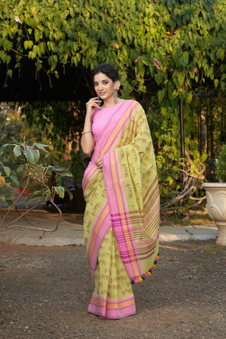 Alikam Khadi-Cotton saree in Mint Green and Block Print of Birds