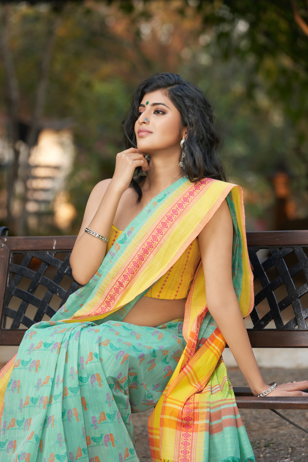 Alikam Khadi-Cotton saree in Mint Green and Block Print of Birds